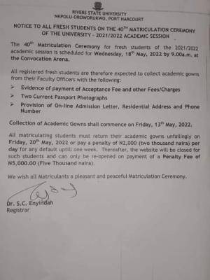 RSU notice to freshers on 40th matriculation ceremony