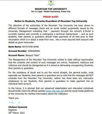 MTU fraud alert notice to students and Parents/Guardians