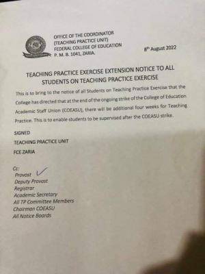 FCE Zaria notice to students on teaching practice exercise