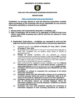 UNILORIN Post-UTME/DE 2026: Cut-off mark, Eligibility and Registration Details