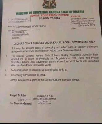 Kaduna state orders closure of schools within Kajiru LGA due to Kidnapping incidents