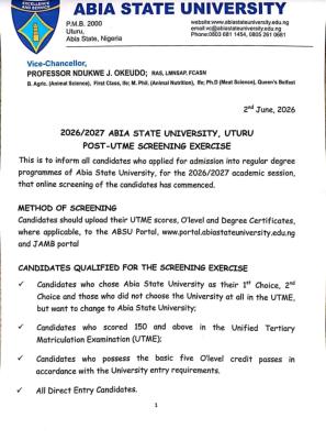 ABSU Post-UTME/DE 2026: Cut off mark, Eligibility and Registration Procedures