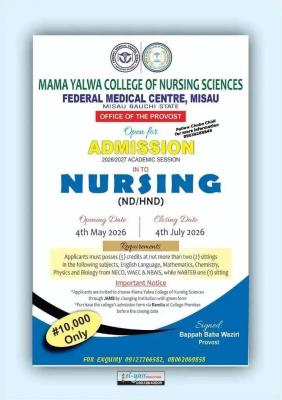 Mama Yalwa College of Nursing Sciences, Bauchi ND/HND admissions, 2026/2027