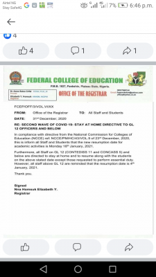 Federal College Of Education, Pankshin notice to staff and students on resumption