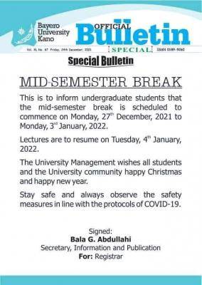 BUK announces mid-semester break