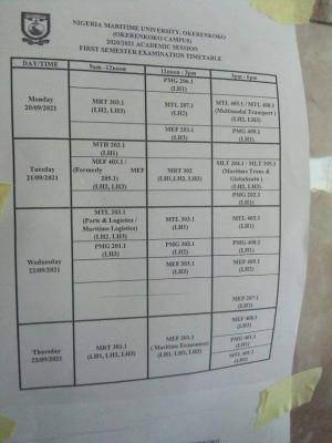 Nigeria maritime university first semester examination timetable