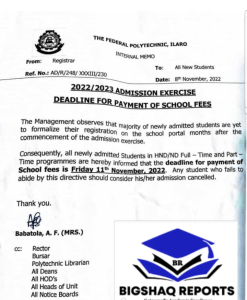 Fed Poly, Ilaro notice to newly admitted students on school fees payment deadline, 2022/2023