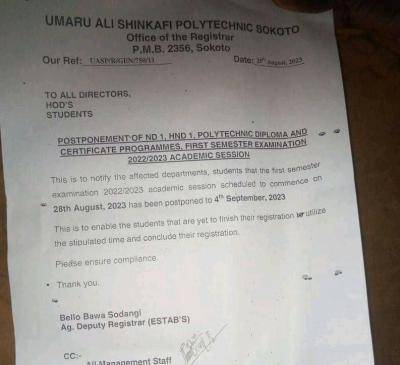 Umaru Ali Shinkafi Poly postpones 1st semester exam, 2022/2023