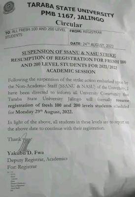 TASU notice to 100 & 200Level students on registration, 2021/2022