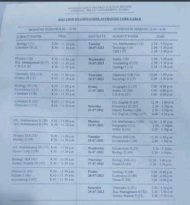 ABU IJMB final examination timetable for 2022/2023 session