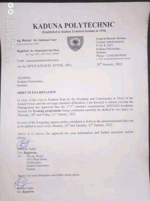 KADPOLY notice on postponement of exams