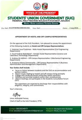 Federal Poly, Bauchi SUG announces appointment of Hostel and Off-Campus Representatives