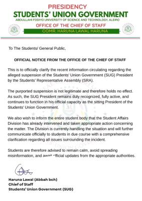 AFUSTA SUG disclaimer notice on suspension of the president