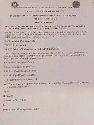 FCE Tech Gombe in affiliation with UDUS physical screening/verification for UTME/DE, 2023/2024