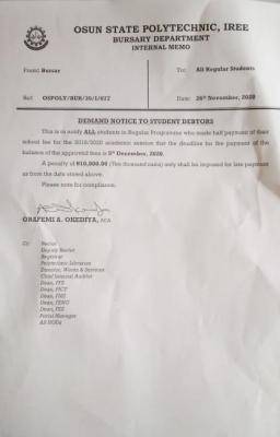 OSPOLY notice to students yet to complete school fees payment for 2019/2020 session
