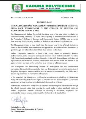 KADPOLY responds to incident involving a student and the institution's Dress Code Committee