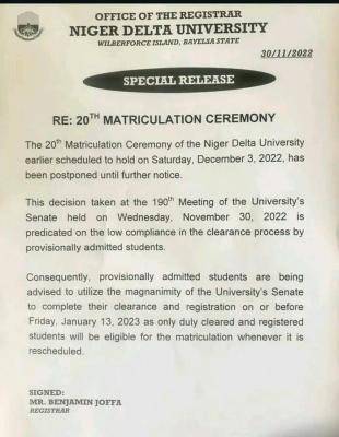 NDU reschedules 20th Matriculation Ceremony