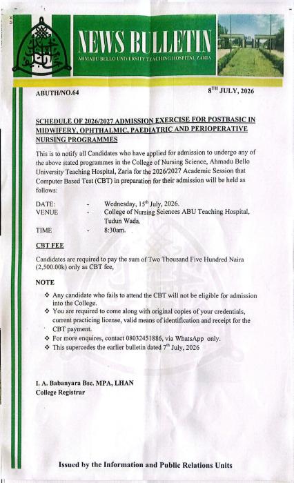 ABUTH CBT screening for Post-Basic in Midwifery, Ophthalmic, Pediatrics & Perioperative Nursing, 2026/2027