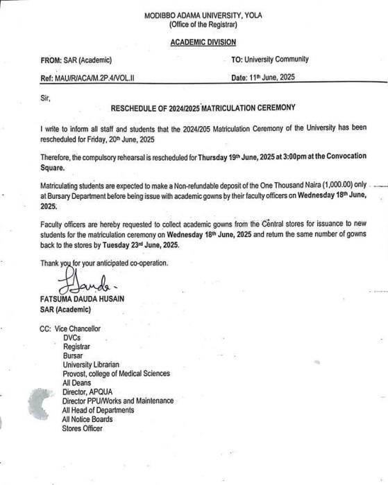 MAUTECH postpones matriculation ceremony, 2024/2025