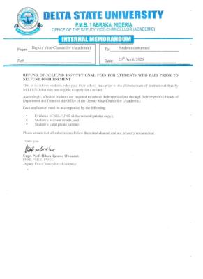 DELSU notice on refund of Institutional fee for NELFUND beneficiaries