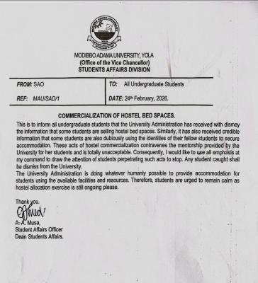 MAUTECH warns against commercialization of Hostel Bed Spaces