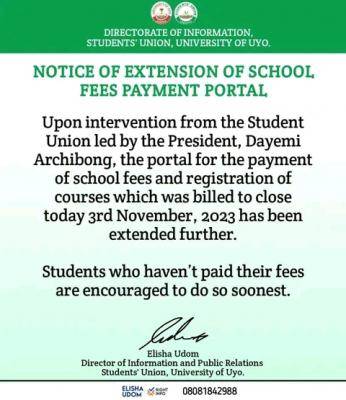 UNIUYO SUG notice on extension of school fees payment portal