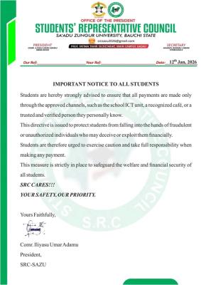 Sa'adu Zungur University SRC notice to students on approved channels for payments