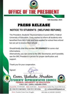 FUEZ Students' Representative Council notice to students on NEFLUND refund