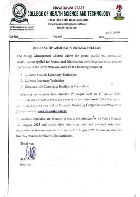 Nasarawa State College of Health Sciences & Tech. releases first batch admission list, 2025/2026