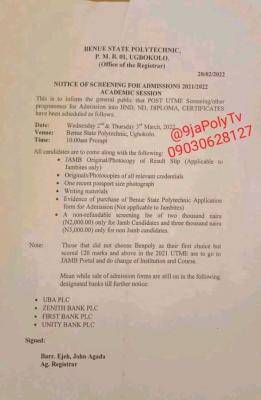 BENPOLY notice on screening exercise for 2021/2022 applicants