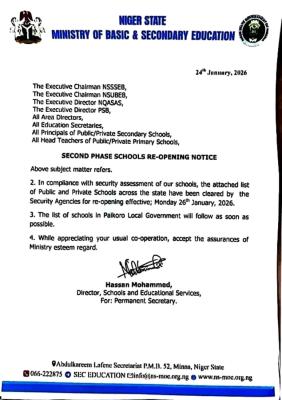 Niger State Government Announces Second Phase of School Re-opening