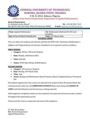 FUTB Dept. of Applied Mathematics notice on test schedule for MTH 1201
