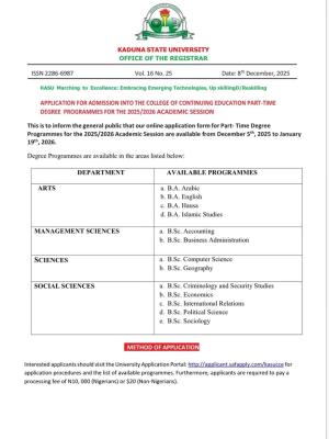 KASU announces part-time admission application, 2025/2026