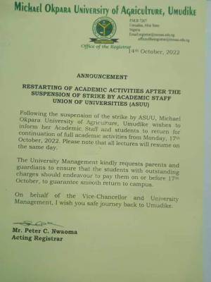 MOUAU announces resumption of academic activities