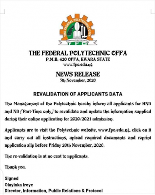 Offa Poly notice to 2020 HND and ND part-time applicants on revalidation of data