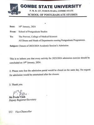 GOMSU notice of closure of School of Postgraduate Studies admission, 2023/2024