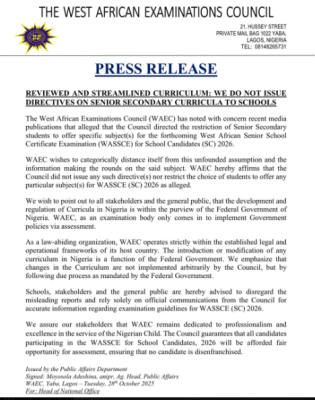 WAEC clears rumour on alleged restriction of students to specific subjects