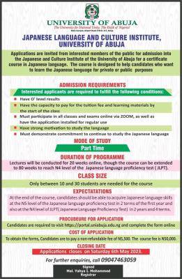 UNIABUJA Japanese Lang & Cultural Institute admission form, 2022/2023