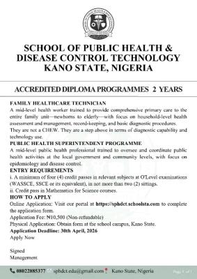 School of Public Health & Disease Control Technology, Kano State diploma admissions