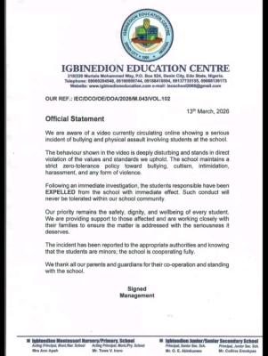 Igbinedion Education Centre expels student over bullying incident