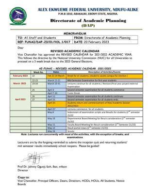 FUNAI revised academic calendar for 2021/2022 session