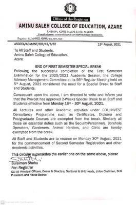 Aminu Saleh COE notice on first semester break to staff and students