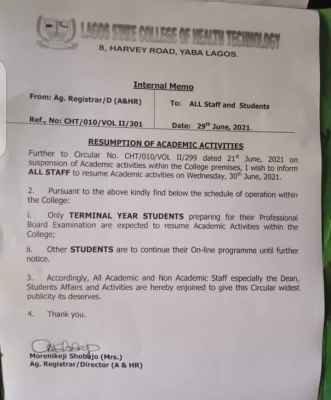 Lagos State College of Health Technology resumption of academic activities