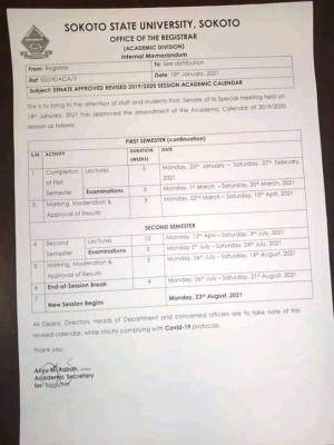 Sokoto State University resumption and  revised 2019/2020 academic calendar