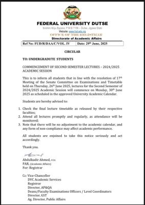 FUDUTSE notice to students on commencement of 2nd semester academic activities, 2024/2025