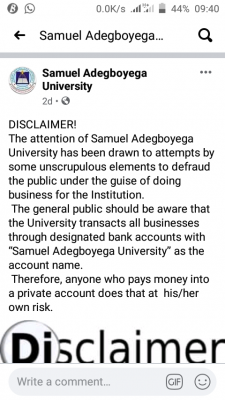 Samuel Adegboyega University disclaimer notice