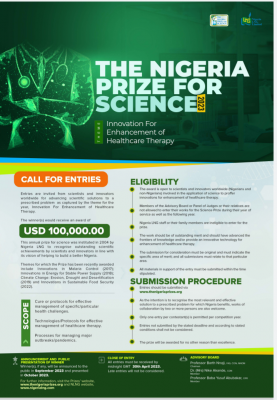 The Nigeria Prize for Science Competition, 2023 - USD100,000.00 to be won