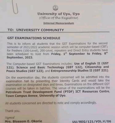 University of Uyo notice on GST examinations schedule, 2021/2022