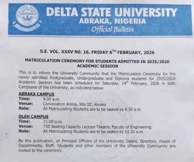 DELSU announces 2025/2026 Matriculation Ceremony