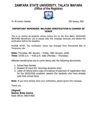 Zamfara State University update on NELFUND verification and change of venue